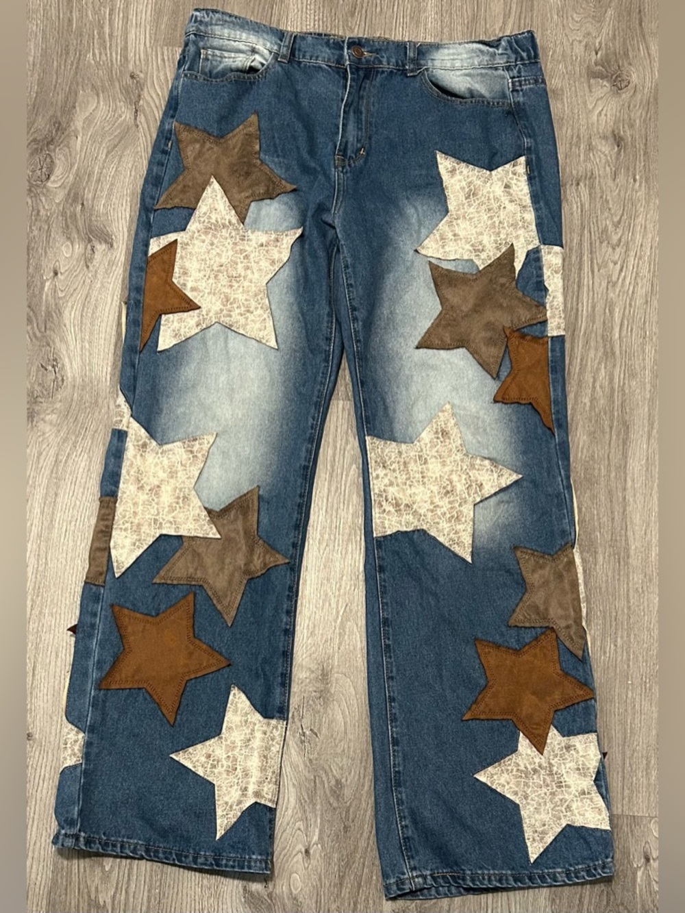 OH Jeans Star Patchwork Denim Jeans - Blue with Brown & Cream Stars Medium